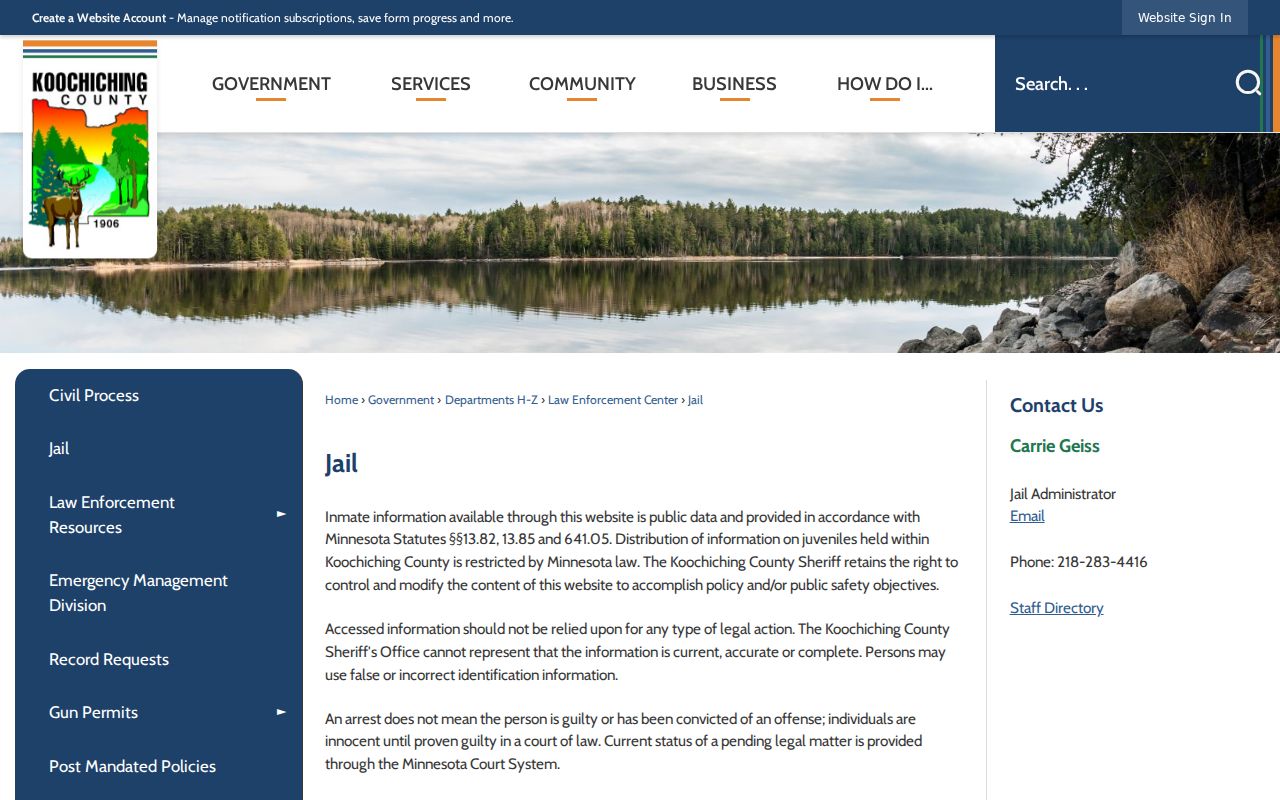Koochiching County warrant records jail page notices about custody data accuracy and court status