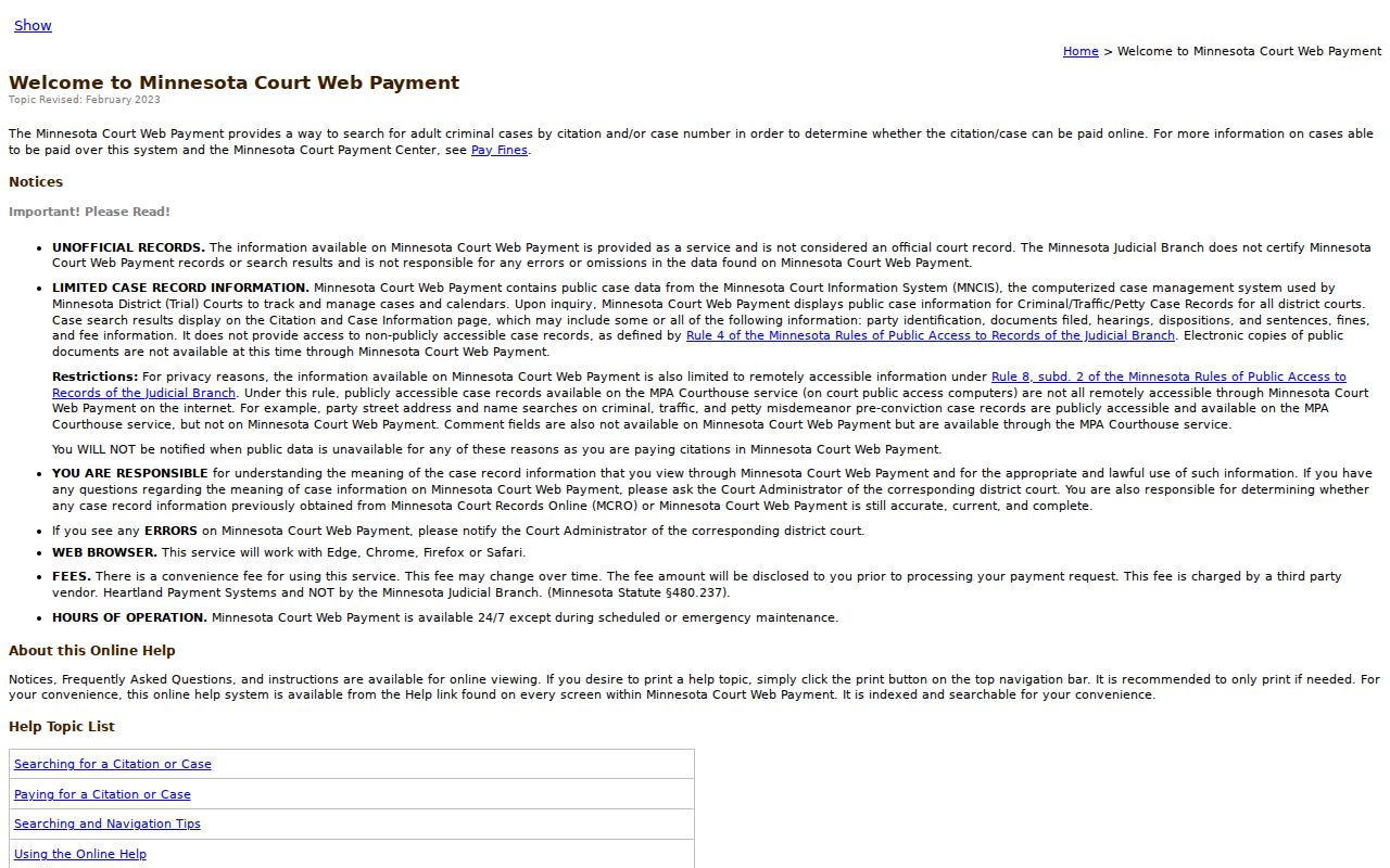 Koochiching County city court warrant records official citation and case lookup interface