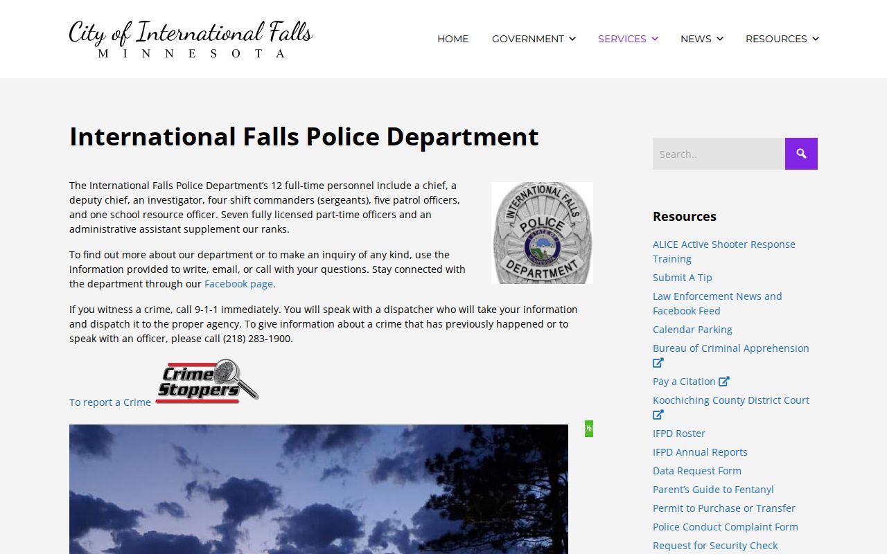 International Falls warrant records contact and resources block on the police department page