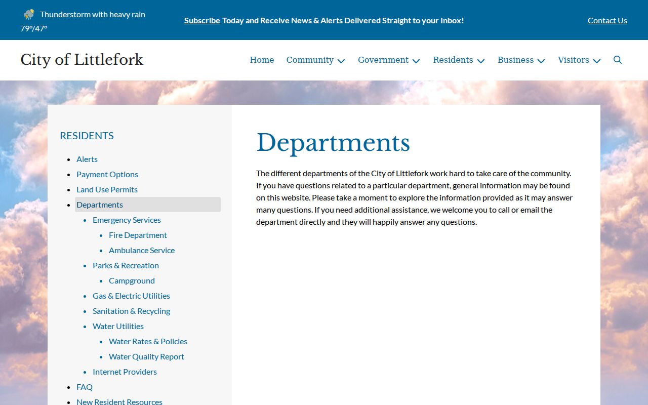 Littlefork warrant records department page showing the city contact route