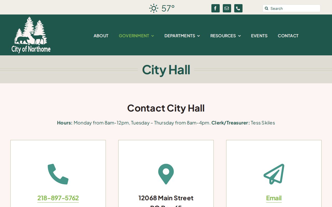 Northome warrant records City Hall page with clerk contact and office hours