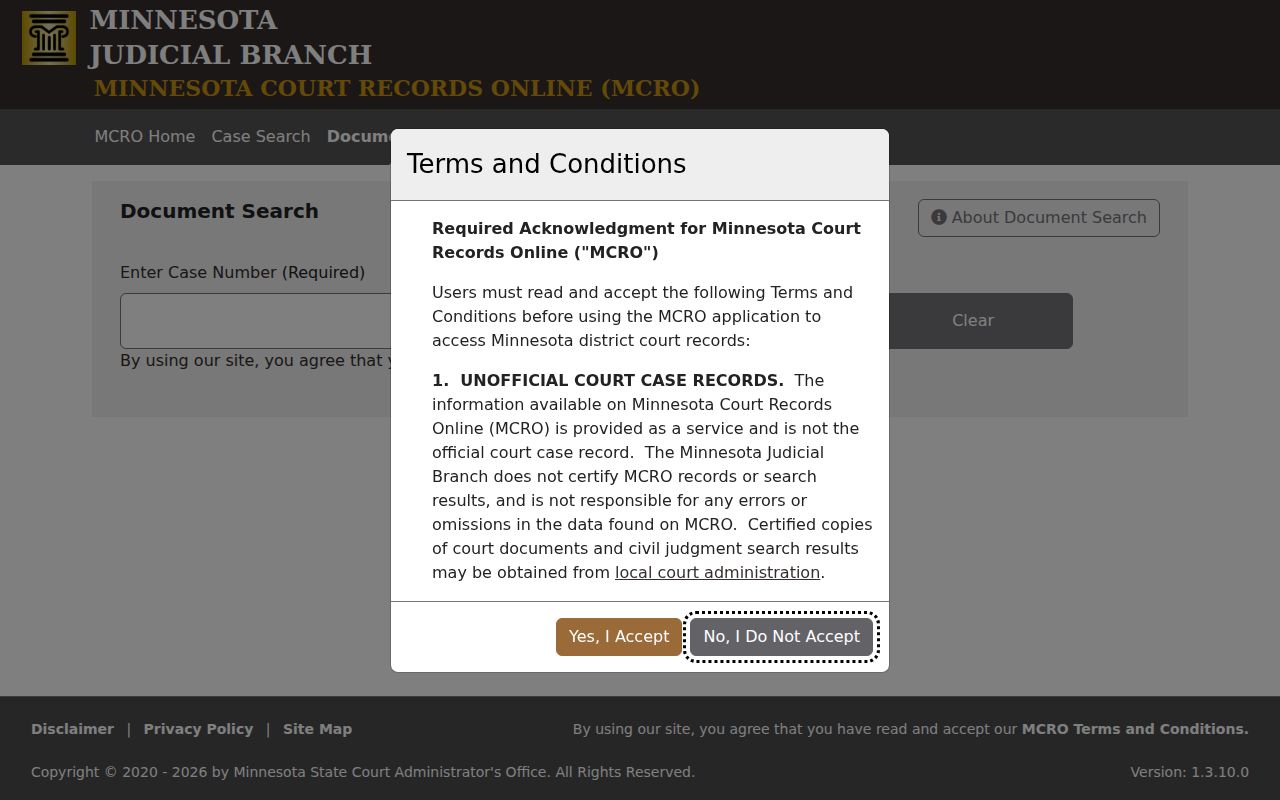 Koochiching County warrant records case number lookup with a Find Documents control