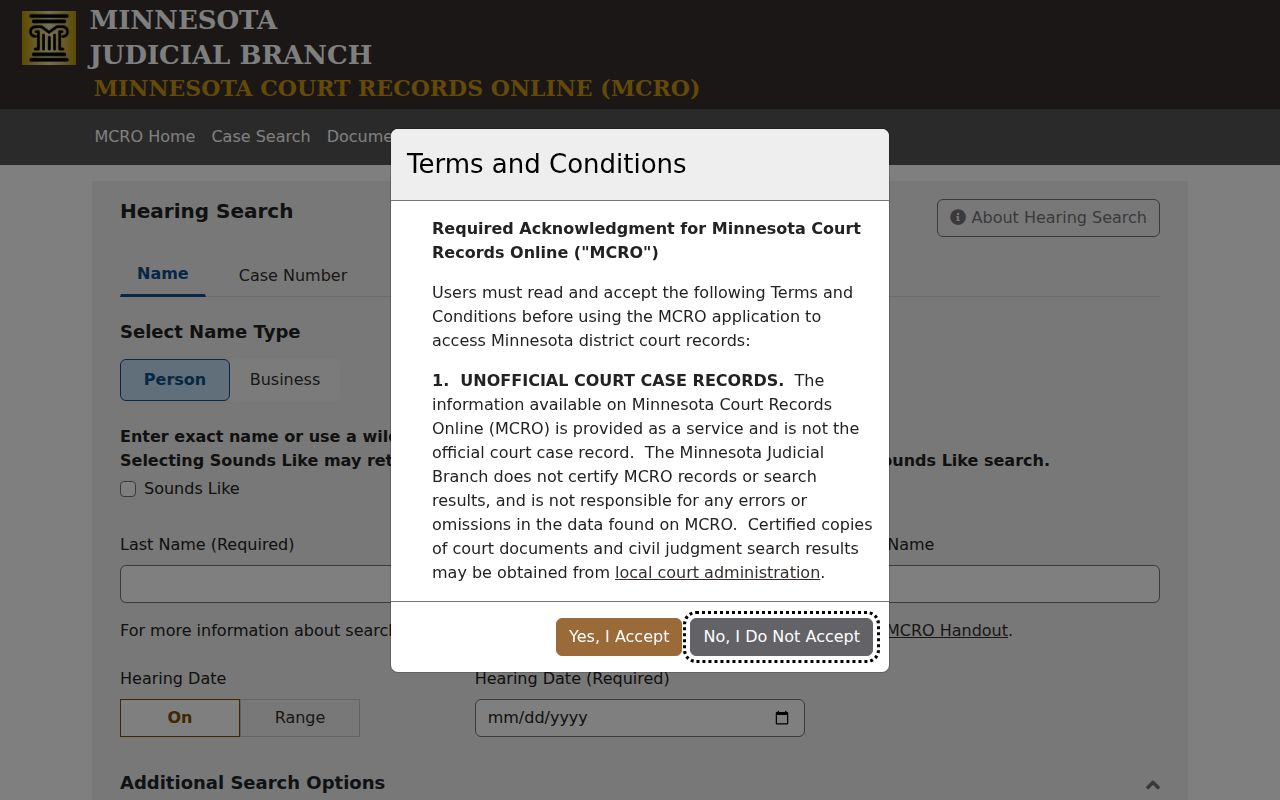 Koochiching County warrant records hearing search controls for name, date, category, and location
