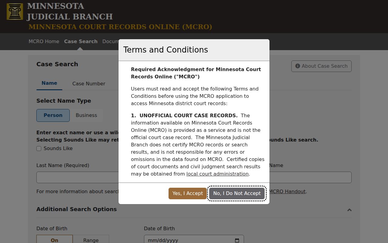 Koochiching County warrant records search fields in the Minnesota Court Records Online case search